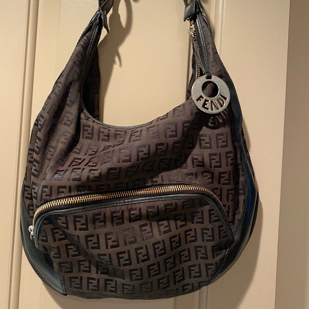 Fendi- Zucca Monogram,Black Canvas & Leather Hobo